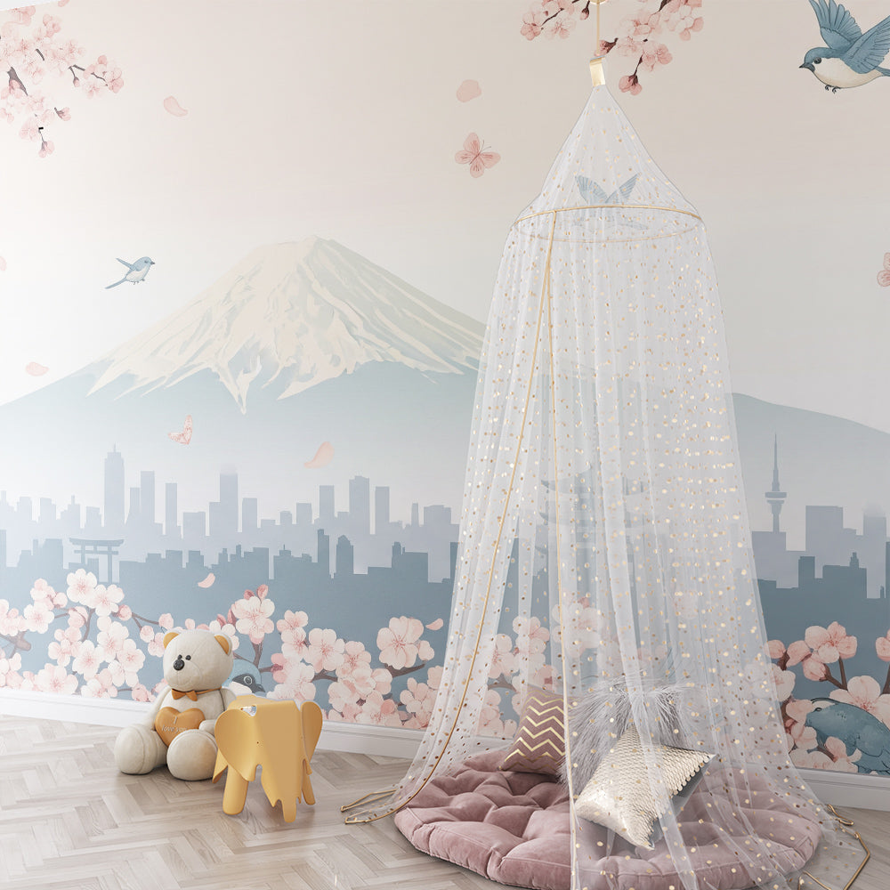 Kids-Mundo blossom and songbird wall mural adding colour to a lively playroom wall.