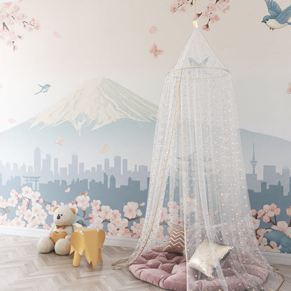 Kids-Mundo blossom and songbird wall mural adding colour to a lively playroom wall.