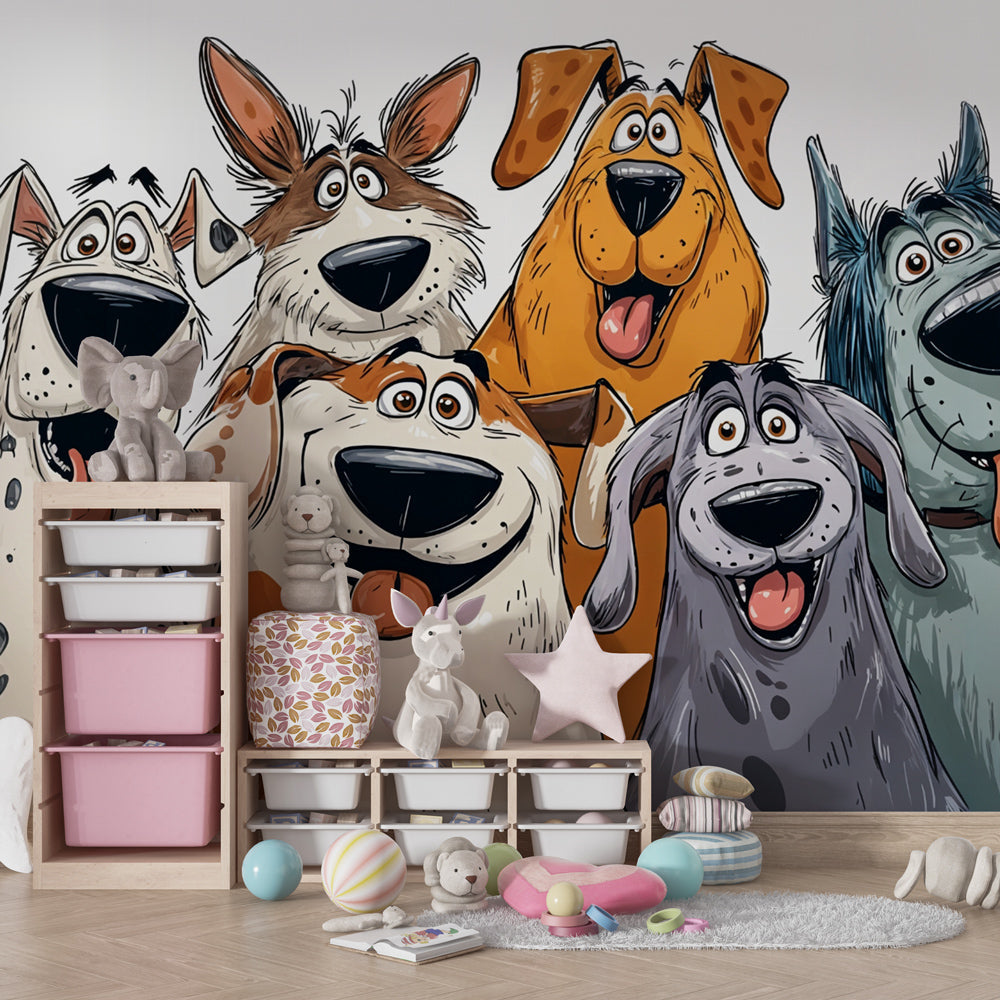 Kids-Mundo cartoon dog wall mural with goofy pups shown in a child's bedroom