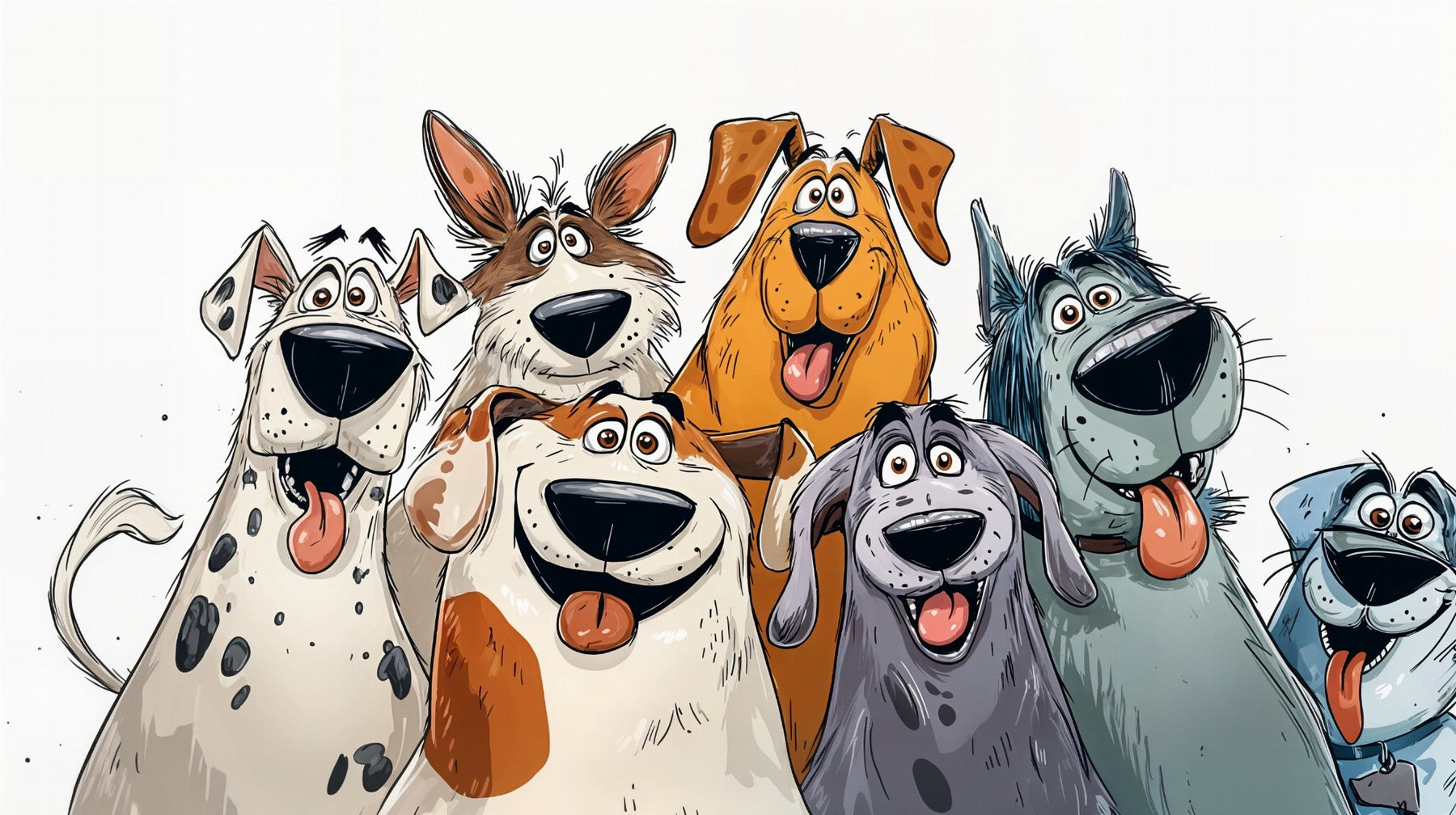 Detailed funny dogs mural wallpaper design pattern showing colorful animated puppies by Kids-Mundo