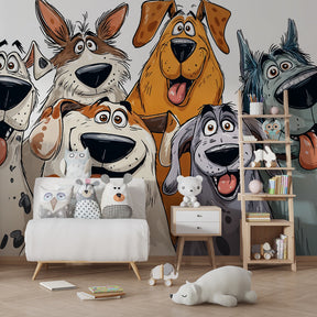 Animated dogs mural wallpaper transforming children's playroom with colorful smiling puppies
