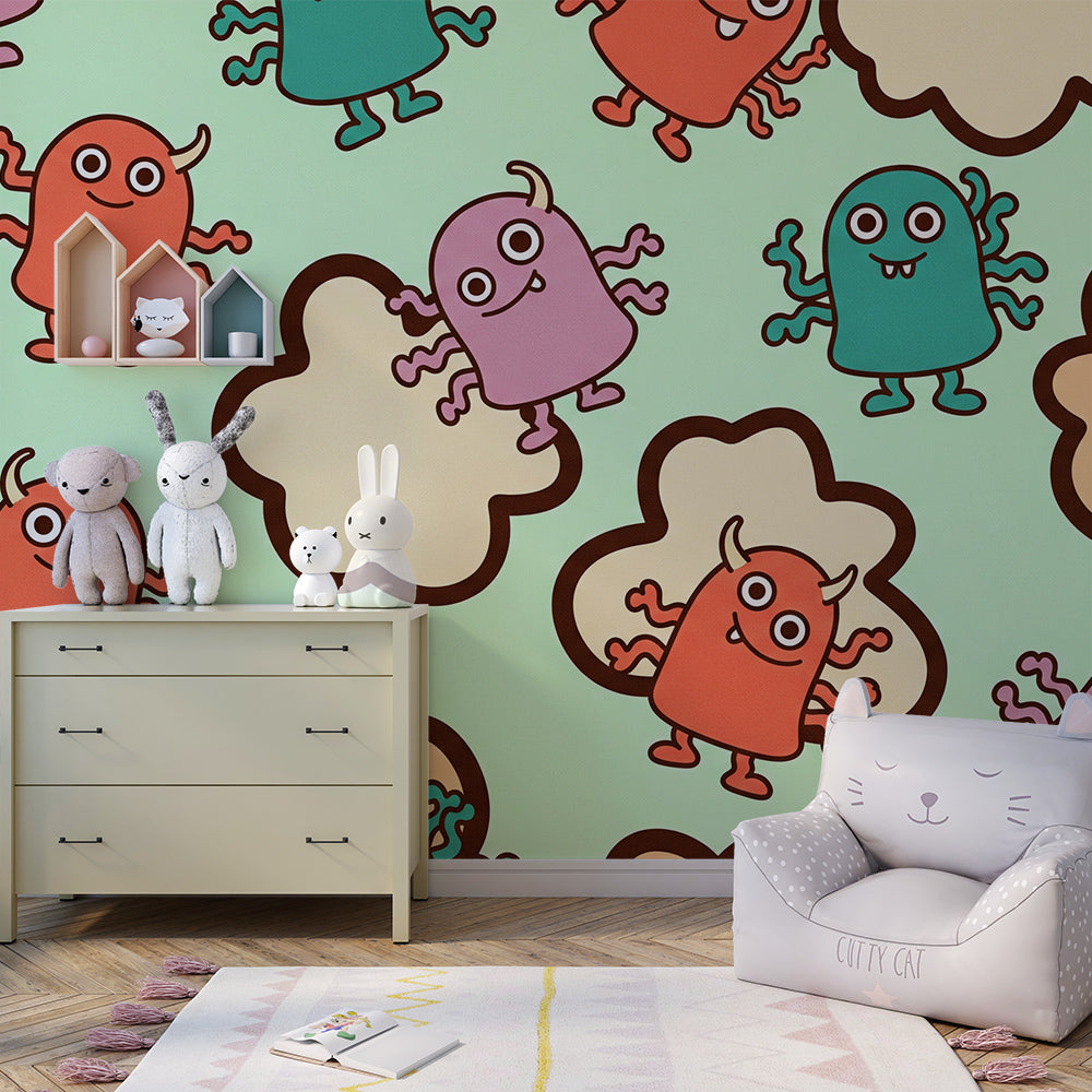 Kids bedroom wall styled with a Kids-Mundo fuzzy monster mural in coral, purple and teal tones.