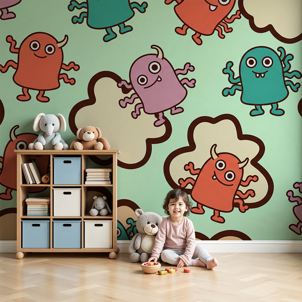 Nursery wall featuring a Kids-Mundo fuzzy monster wall mural with fluffy cream and peach clouds.