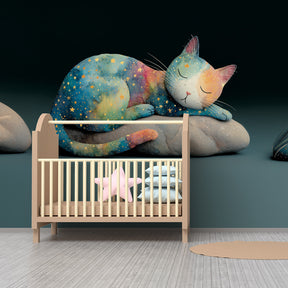 Celestial cat wallpaper creating magical kids bedroom atmosphere with starry night theme