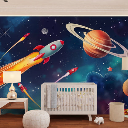 Kids-Mundo galaxy rockets and planets wall mural in a colourful kids' bedroom