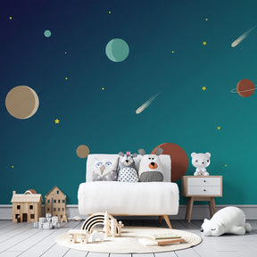 Children's space wallpaper creating cosmic atmosphere in kids bedroom with wooden furniture