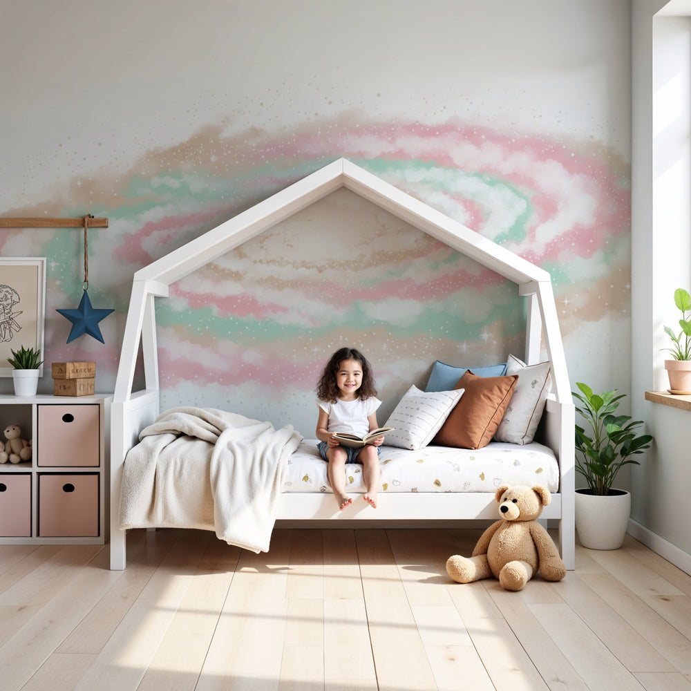 Pastel galaxy space mural wallpaper in modern nursery with cosmic theme by Kids-Mundo