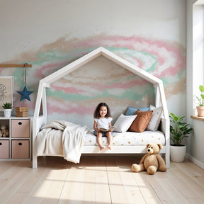 Pastel galaxy space mural wallpaper in modern nursery with cosmic theme by Kids-Mundo