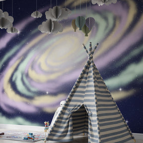 Cosmic galaxy wallpaper transforming modern nursery with swirling nebula colors and starry night sky