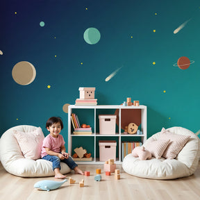 Galaxy space mural wallpaper with planets and stars decorating modern nursery by Kids-Mundo