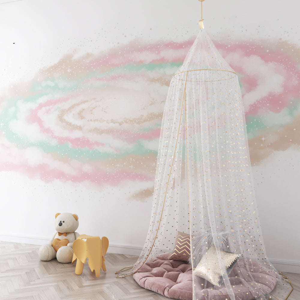 Cosmic galaxy mural wallpaper transforming children's playroom into space sanctuary