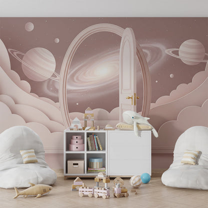 Kids-Mundo pink galaxy doorway wall mural brightening a playroom with planets and stars