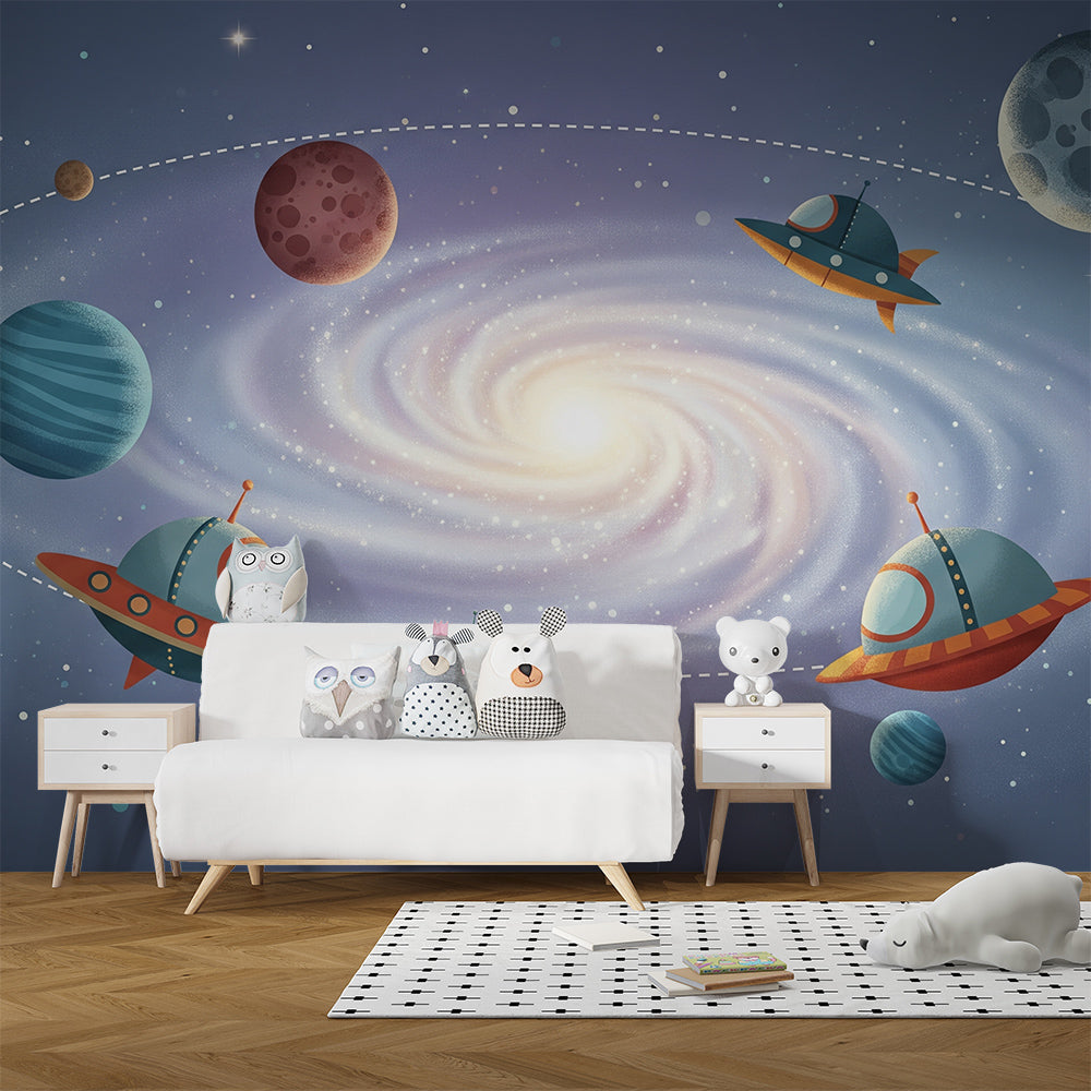 Kids-Mundo spiral galaxy mural on a kids bedroom wall, with UFOs and planets circling a bright centre