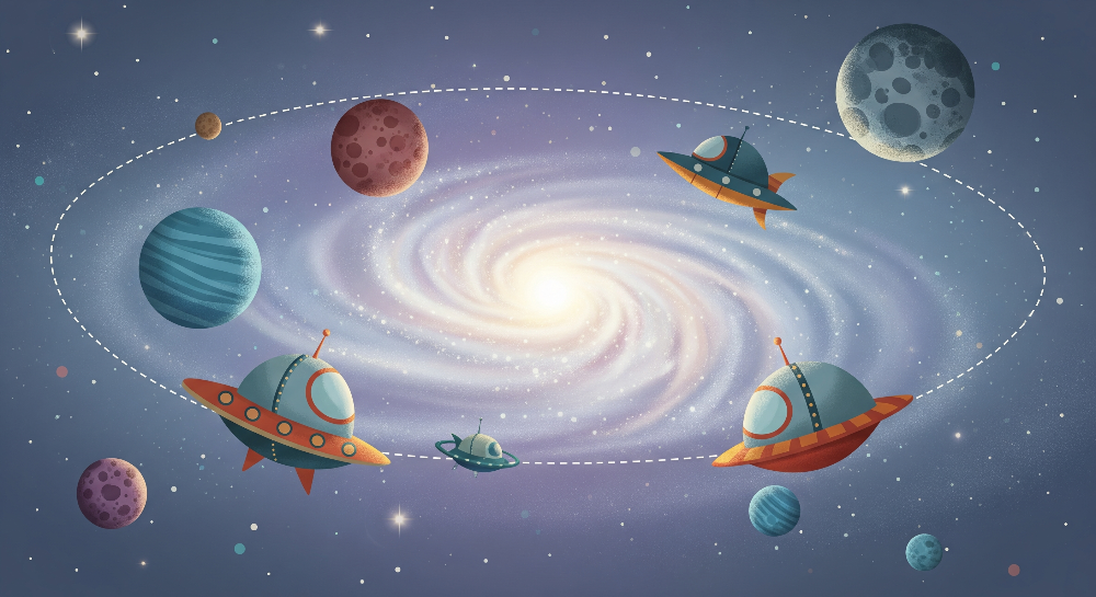 Spiral Galaxy with Spaceships and Planets Wall Mural