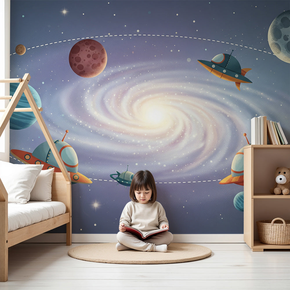 Kids-Mundo galaxy wall mural in a nursery, showing a glowing spiral galaxy with orbiting spaceships and planets