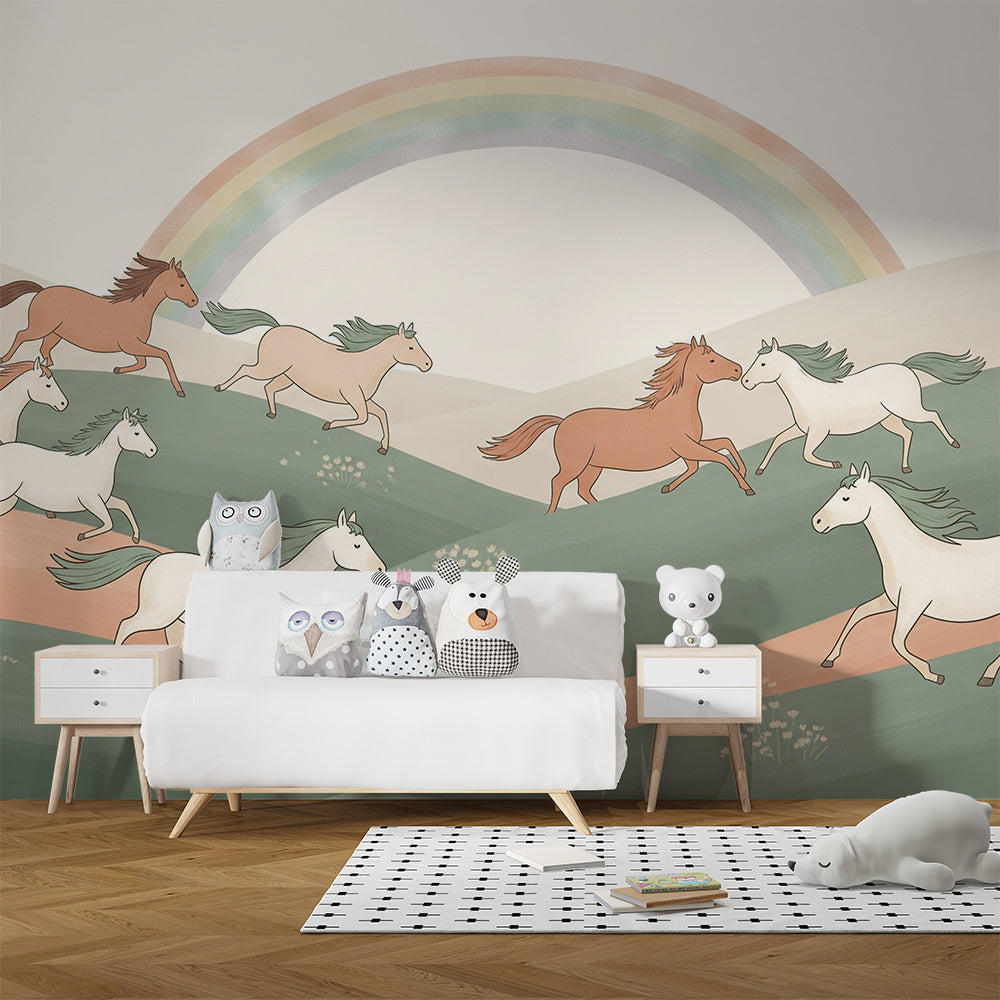Kids-Mundo galloping horses wall mural energising a child's bedroom with colour and movement.