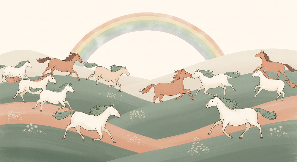Kids-Mundo flat artwork of galloping horses crossing green hills beneath a bright rainbow.