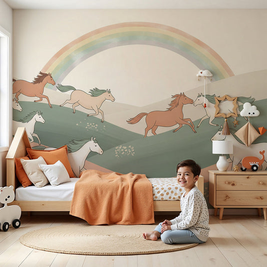 Kids-Mundo galloping horses wall mural styled in a bright nursery with a rainbow above the crib.