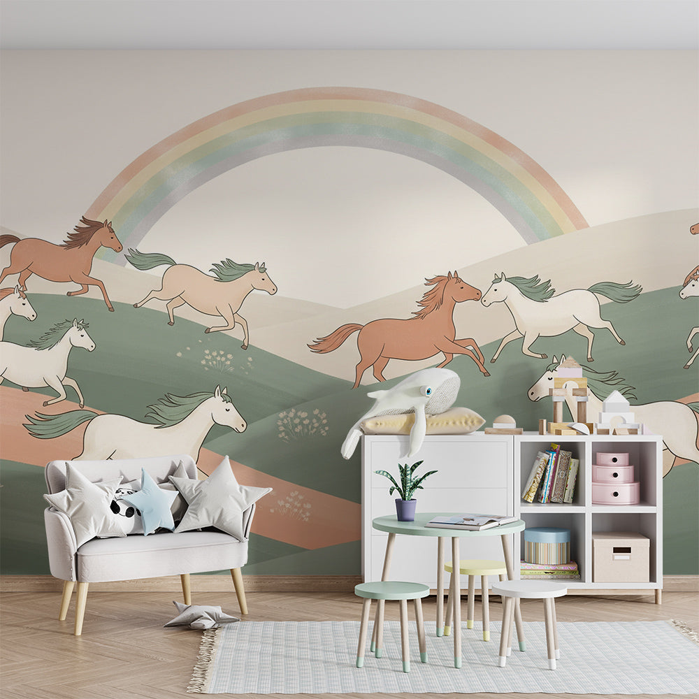 Kids-Mundo galloping horses wall mural filling a playroom with countryside colour and energy.