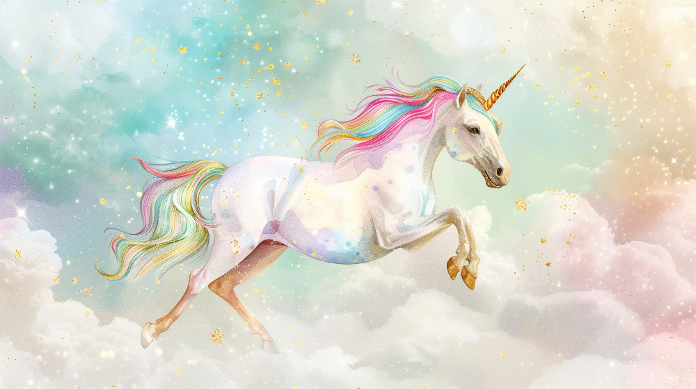 Kids-Mundo flat artwork preview of the galloping rainbow unicorn wall mural design