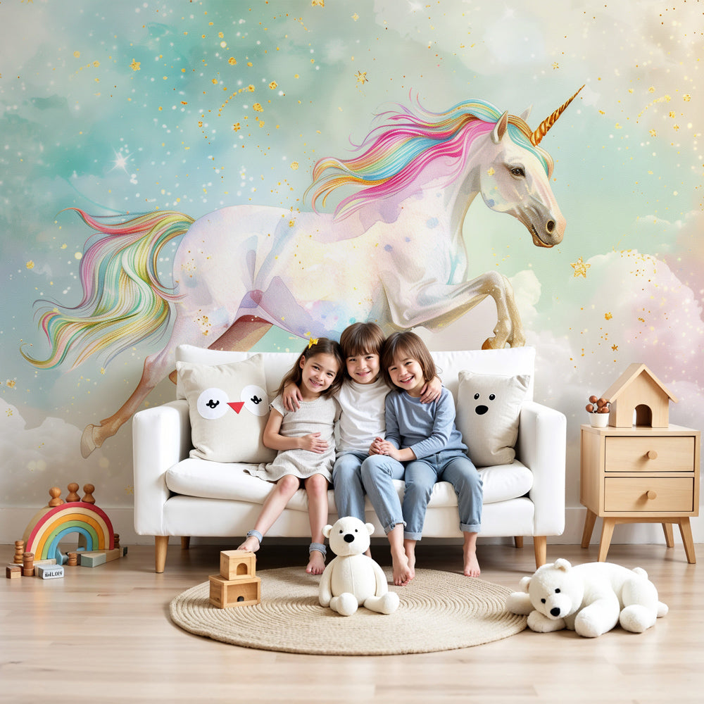 Kids-Mundo galloping rainbow unicorn wall mural made to measure for a soft nursery