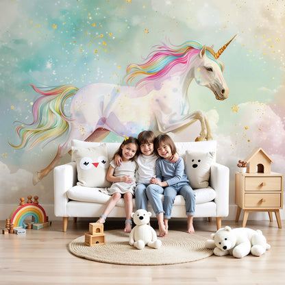 Kids-Mundo galloping rainbow unicorn wall mural made to measure for a soft nursery