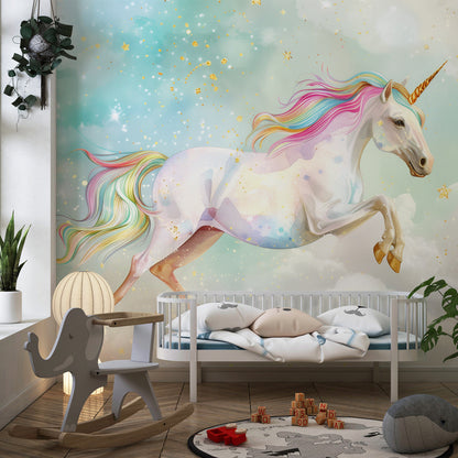 Kids-Mundo rainbow unicorn wallpaper mural bringing playful energy to a children's playroom
