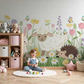 Garden animals mural wallpaper with meadow friends decorating modern nursery by Kids-Mundo