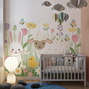 Floral garden animals mural wallpaper transforming toddler room into nature sanctuary