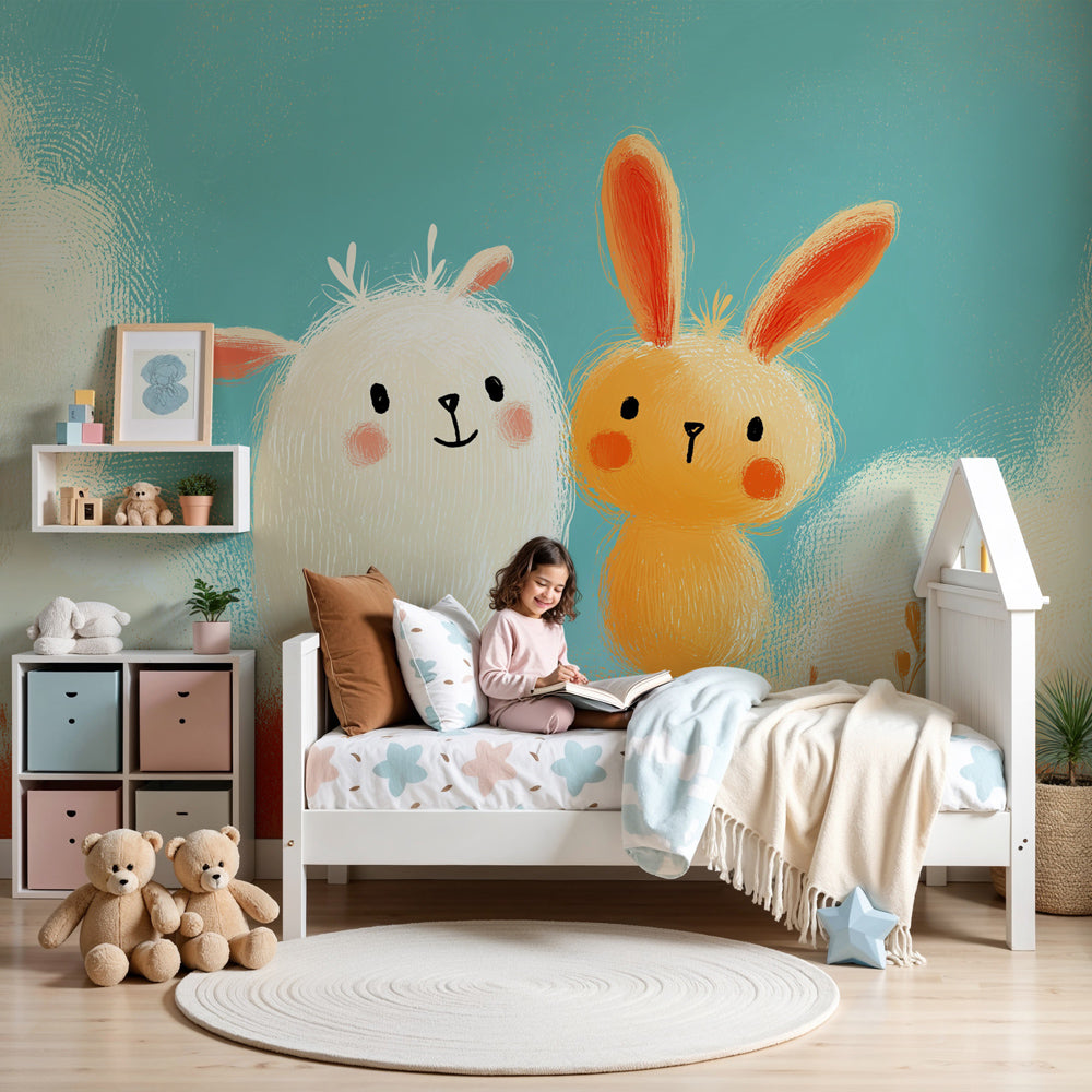 Garden friends animal mural wallpaper featuring bunny and sheep in cozy nursery by Kids-Mundo