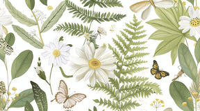 Detailed enchanted garden mural wallpaper design pattern with flowers and butterflies by Kids-Mundo