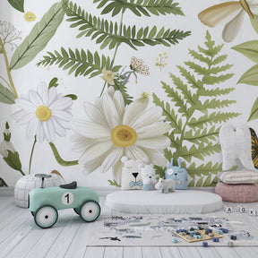 Botanical mural wallpaper with fern leaves and dragonflies for children's nature themed room