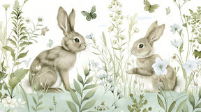 Detailed garden rabbit and butterfly mural wallpaper design pattern showing woodland creatures by Kids-Mundo