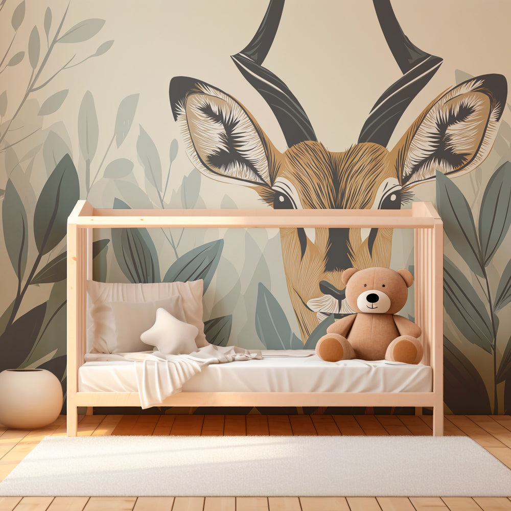 Forest gazelle wallpaper creating peaceful children's bedroom atmosphere with earthy tones