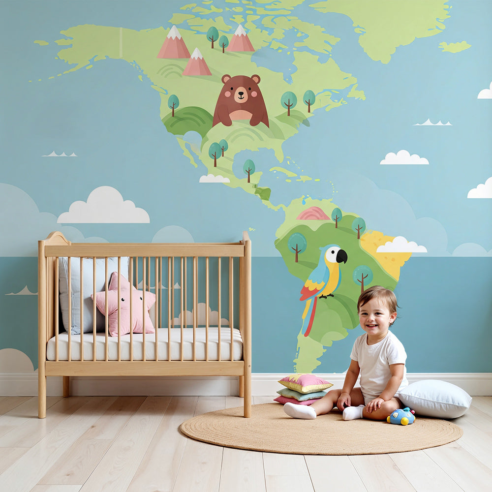 Kids-Mundo pastel explorer bear world map wall mural printed to size in a soft green nursery