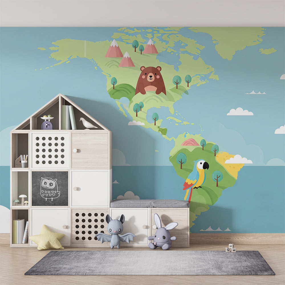 Kids-Mundo pastel world map wall mural in a playroom, showing a backpack bear and bright parrot