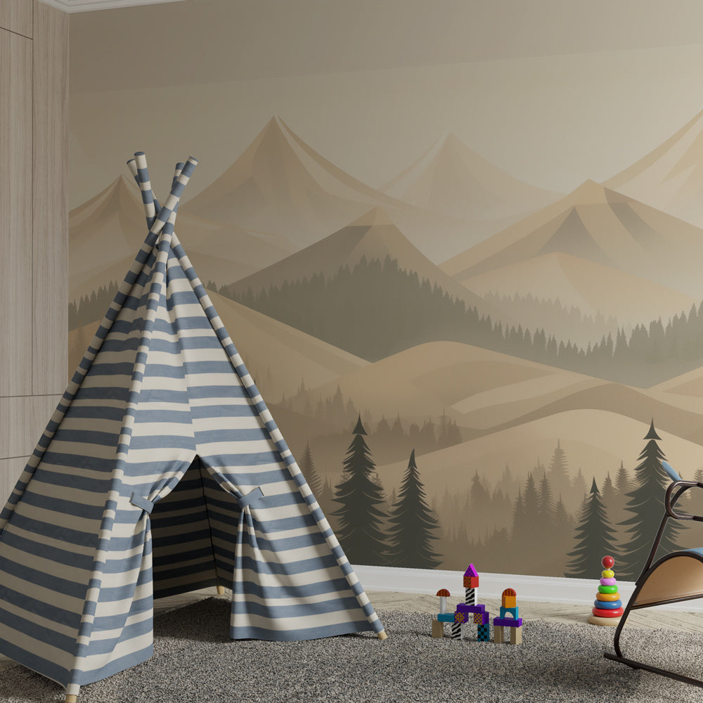 Kids-Mundo misty mountains wall mural behind a bed in a modern gender-neutral kids bedroom