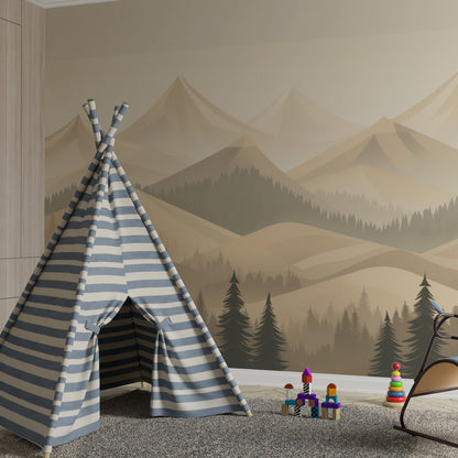 Kids-Mundo misty mountains wall mural behind a bed in a modern gender-neutral kids bedroom