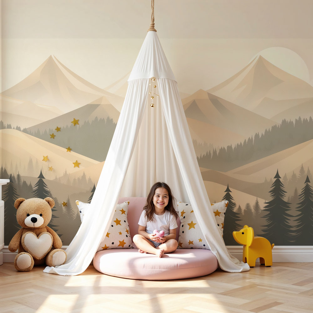 Kids-Mundo geometric misty mountain wall mural styled in a calm neutral nursery with a cot