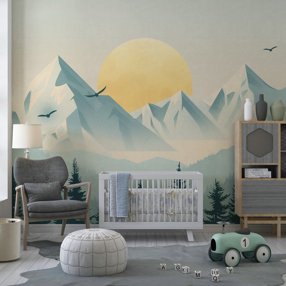 Kids-Mundo geometric mountain wall mural with golden sun in a children's bedroom
