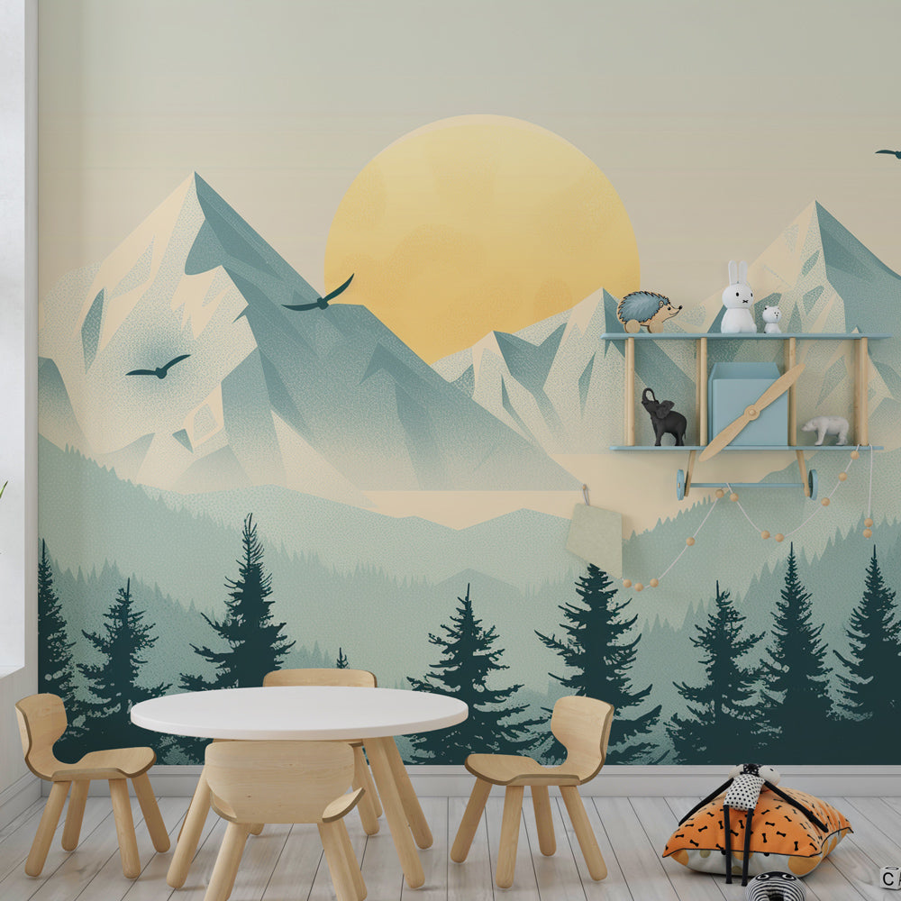 Kids-Mundo made-to-measure geometric mountain wall mural brightening a shared playroom