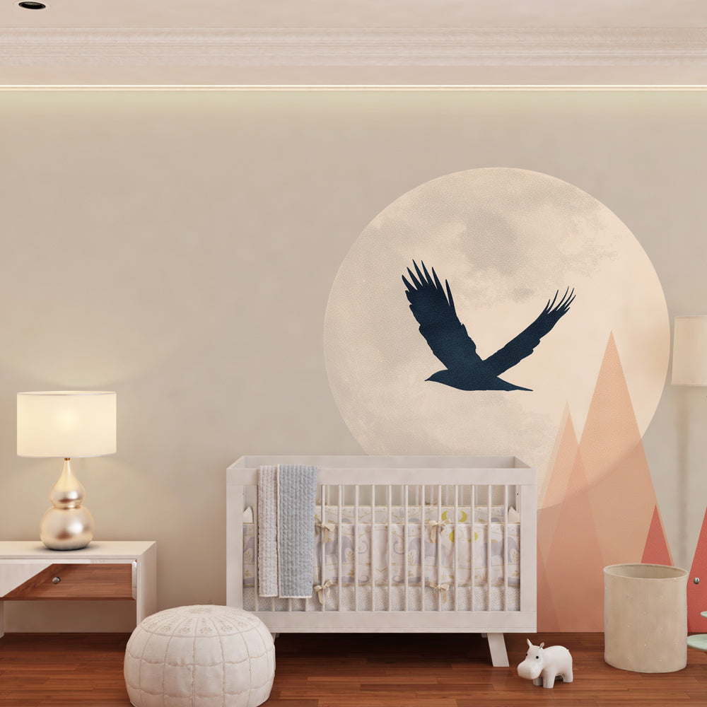 Kids-Mundo bird and moon geometric mural styled on a bold kids bedroom wall