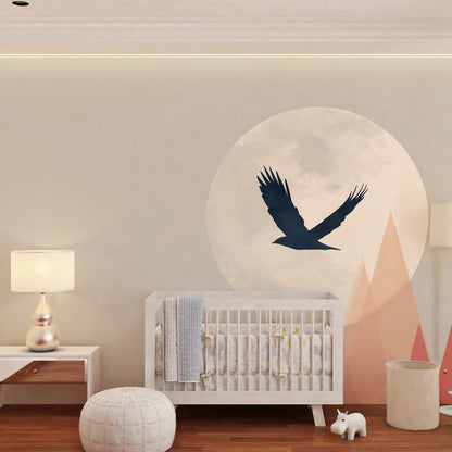Kids-Mundo bird and moon geometric mural styled on a bold kids bedroom wall