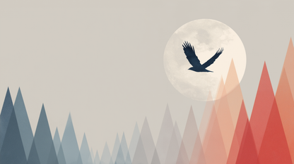 Kids-Mundo flat artwork of geometric mountains with a bird silhouette crossing the moon