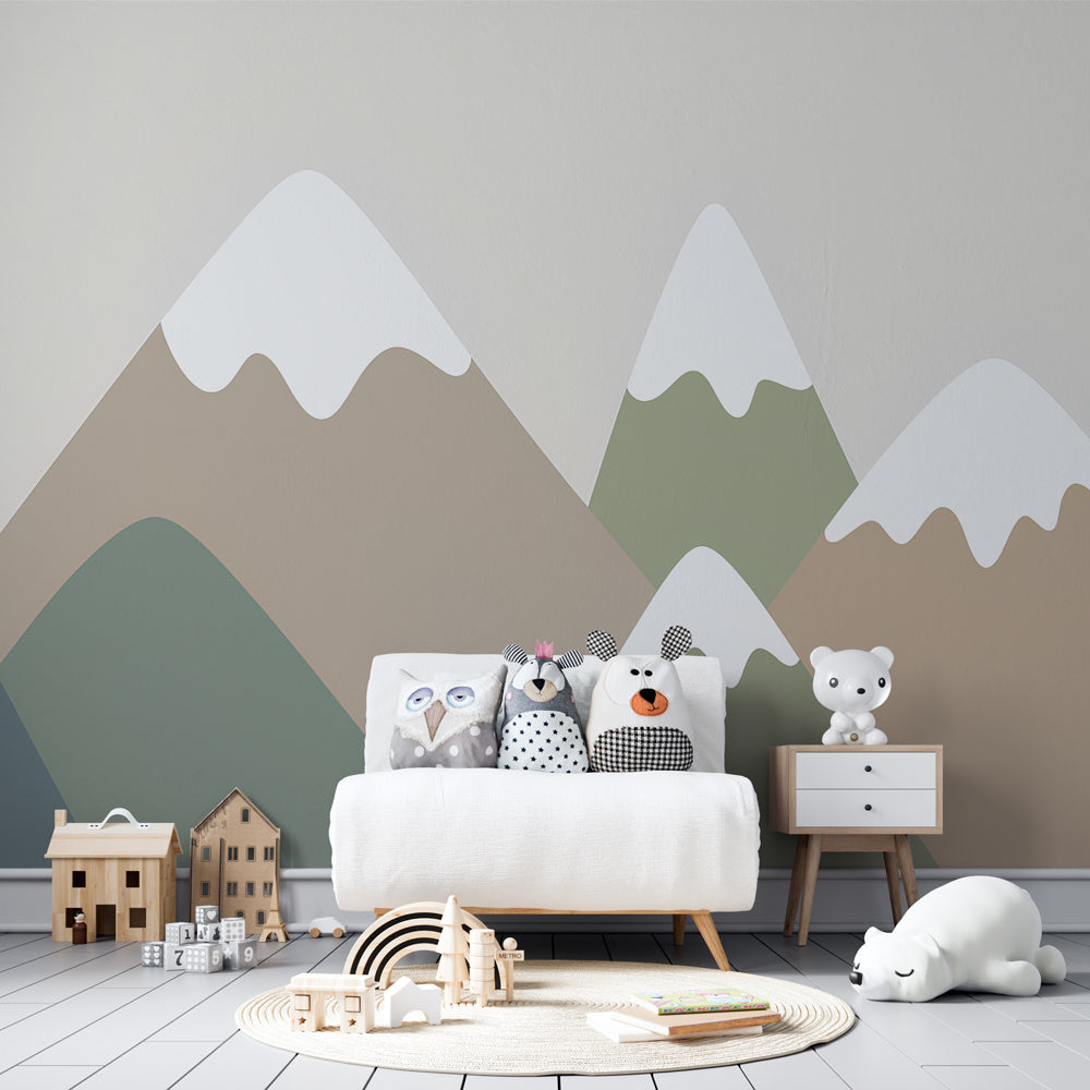 Kids-Mundo mountain wall mural bringing calm geometric shapes to a kids' bedroom