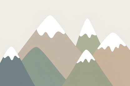 Kids-Mundo flat artwork of layered geometric mountains in muted blue and green tones