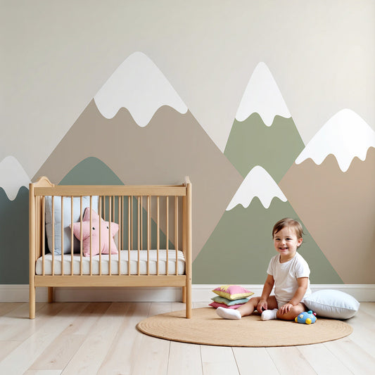 Kids-Mundo geometric mountain wall mural in muted tones for a calm nursery