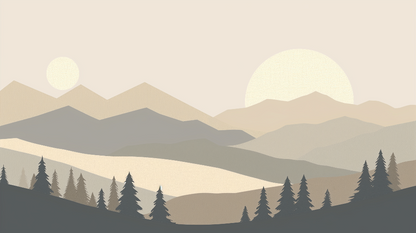 Kids-Mundo flat artwork of layered geometric mountains beneath a pastel sun illustration