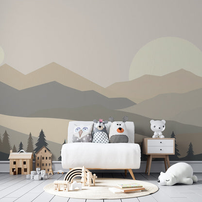 Kids-Mundo geometric mountain wall mural bringing calm colour to a children's playroom