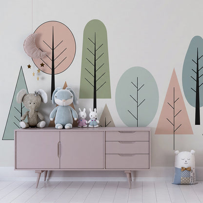 Kids-Mundo geometric tree wall mural covering a feature wall in a gender-neutral kids' bedroom.
